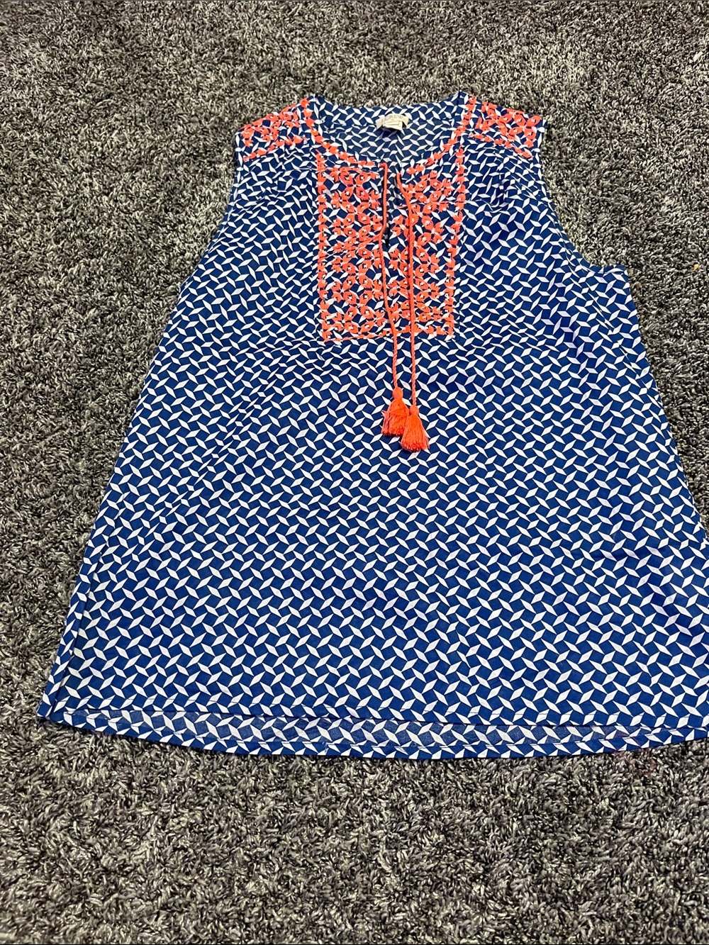 J. Crew Navy and White Geometric Tunic with Coral Embroidery